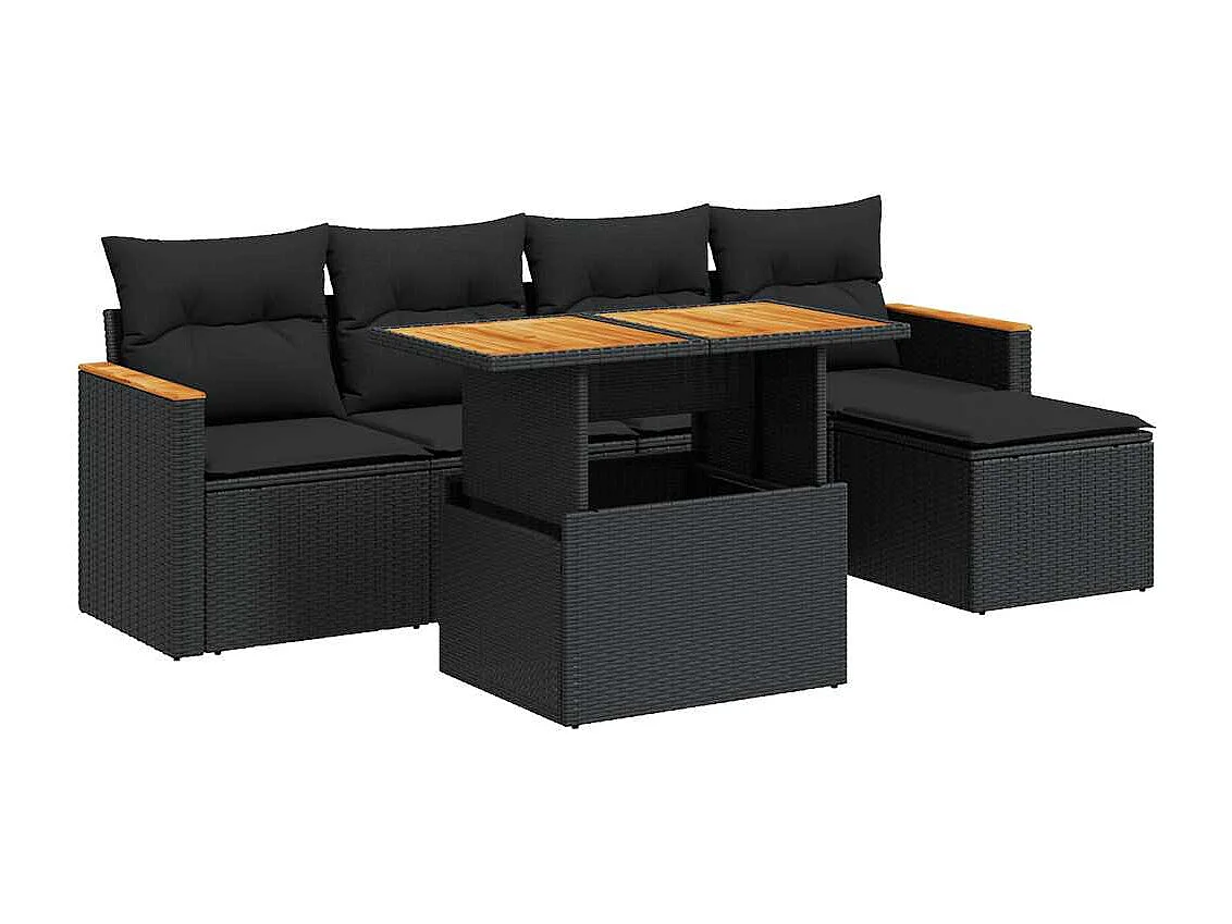 Salon de jardin 6 pcs avec coussins noir résine tressée acacia