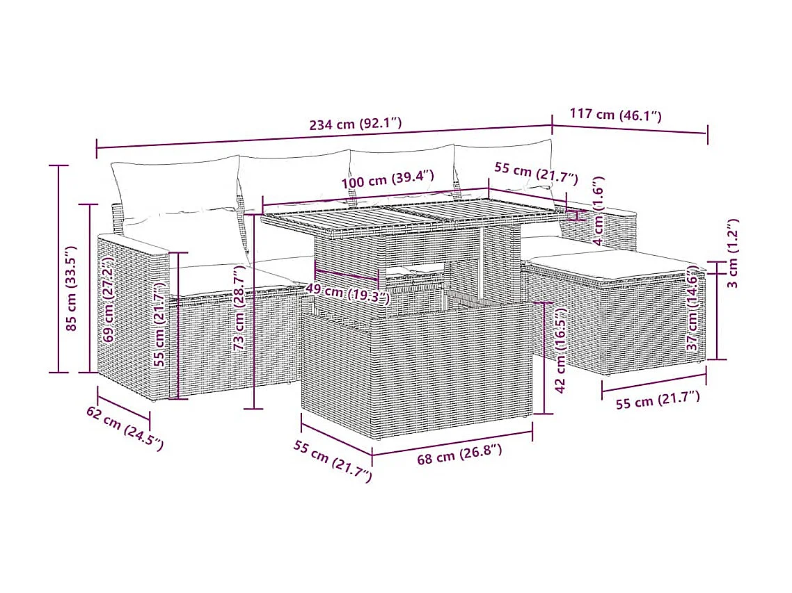 Salon de jardin 6 pcs avec coussins noir résine tressée acacia
