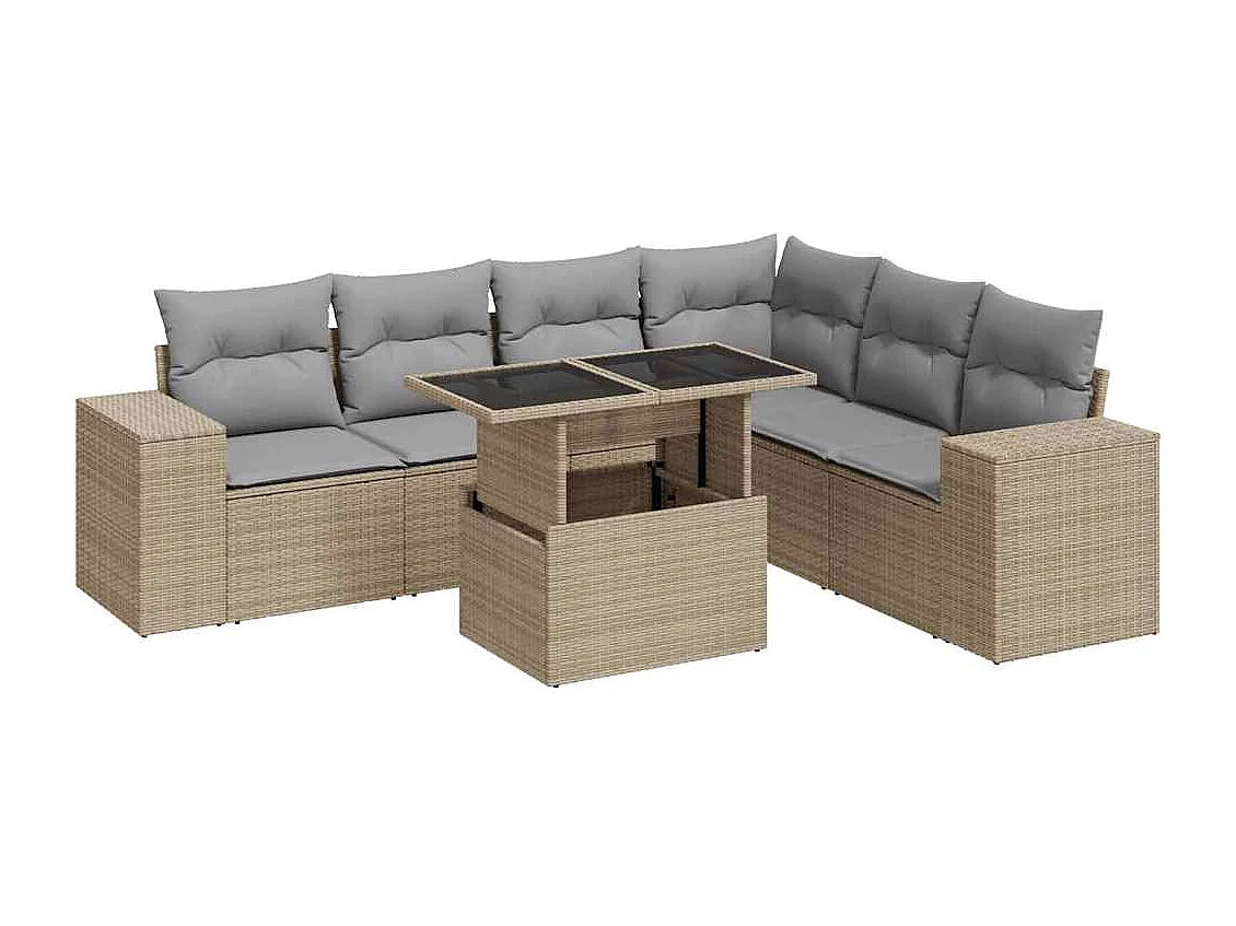 7-delige Loungeset met kussens poly rattan beige