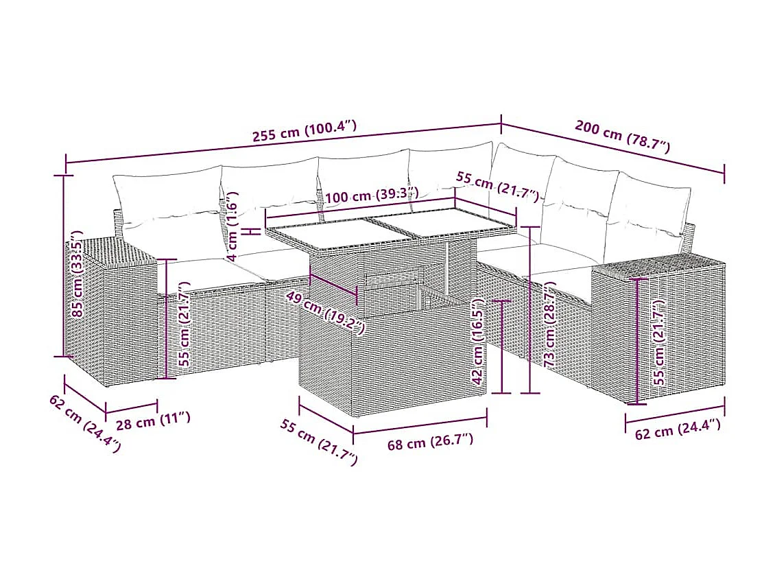 7-delige Loungeset met kussens poly rattan beige