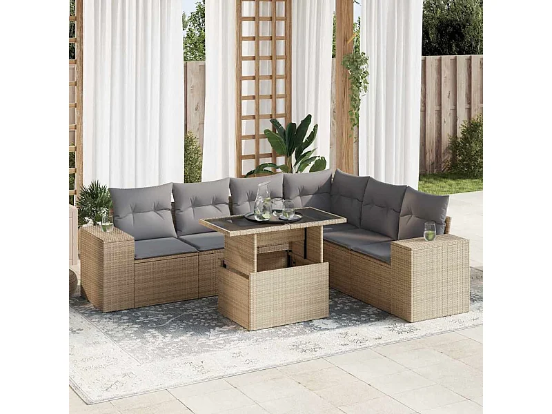 Set Divani da Giardino 7 pz con Cuscini Beige in Polyrattan