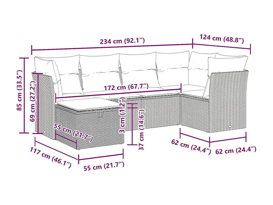 Salon de jardin avec coussins 6 pcs marron résine tressée