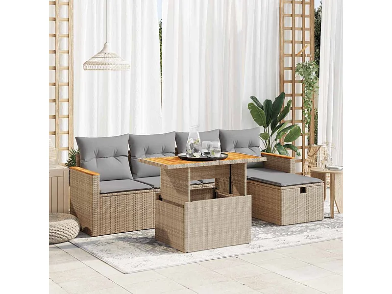 6-tlg. Garten-Sofagarnitur mit Kissen Beige Poly Rattan