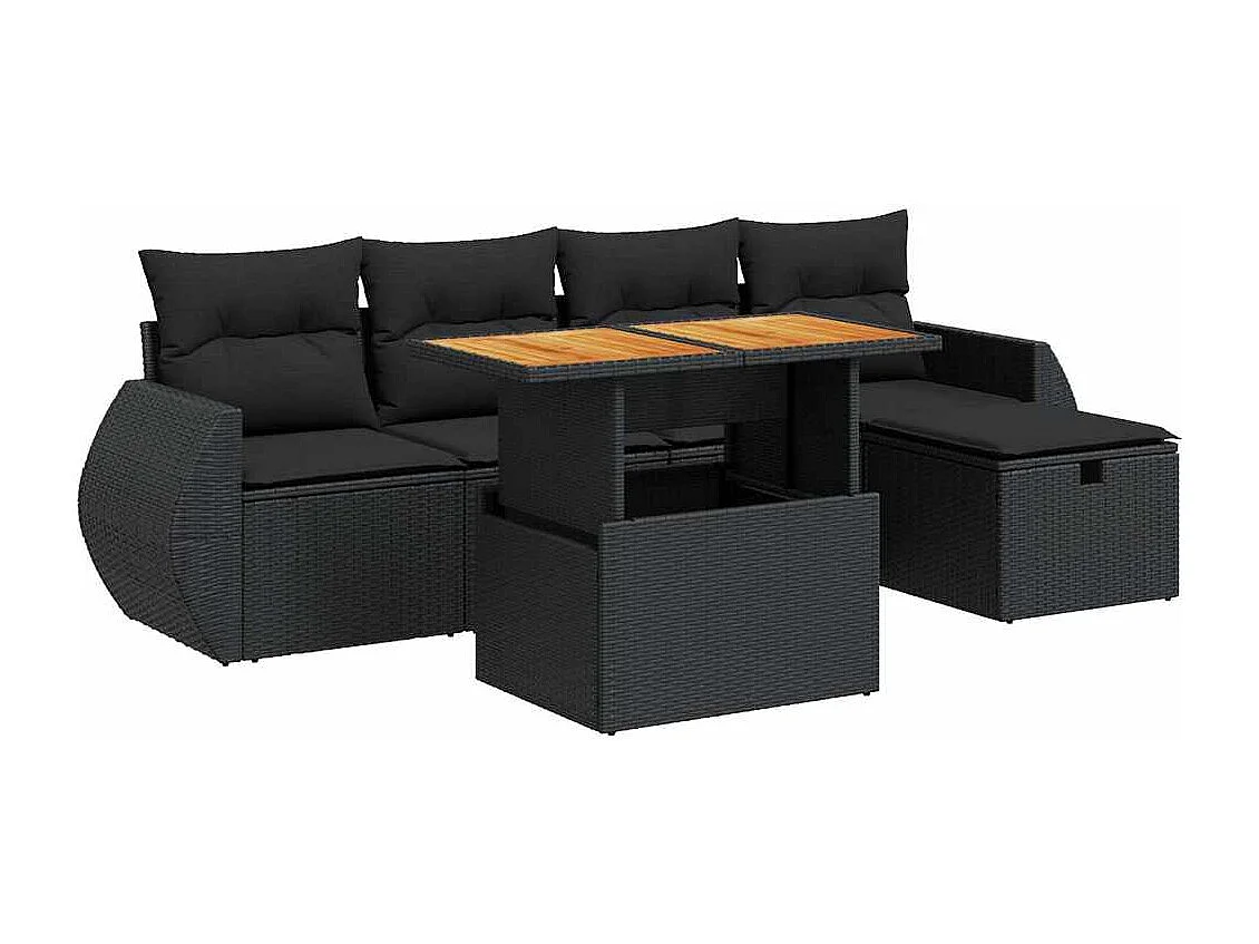 Salon de jardin 6 pcs avec coussins noir résine tressée acacia