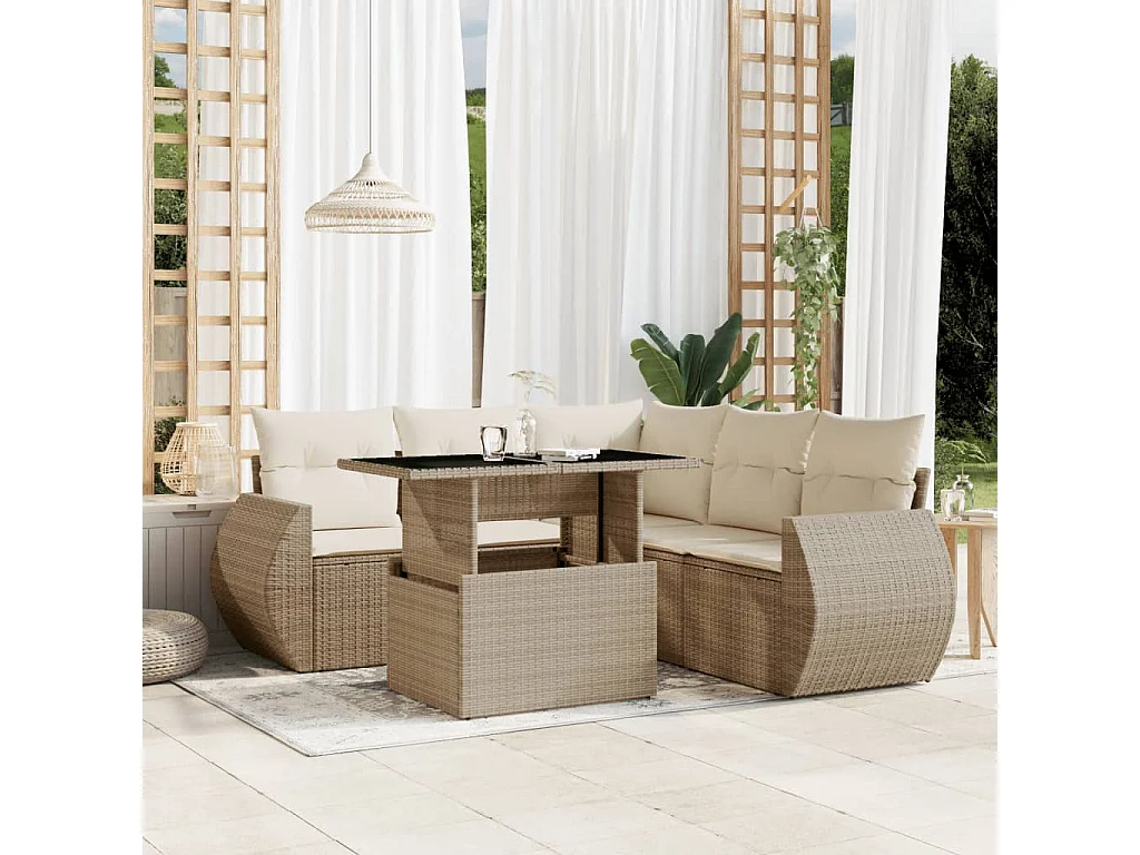 Set Divano da Giardino 6 pz con Cuscini Beige in Polyrattan
