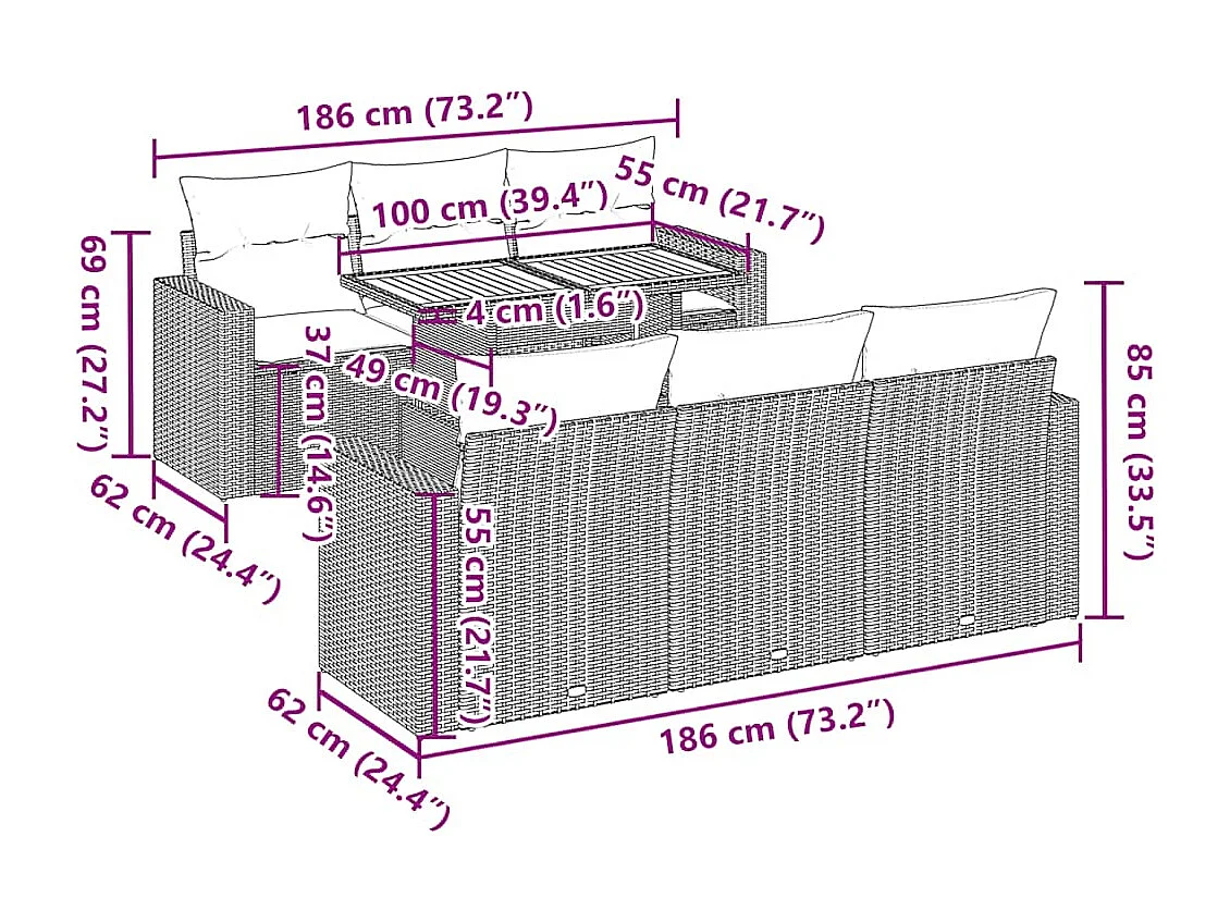 7-delige Loungeset met kussens poly rattan grijs