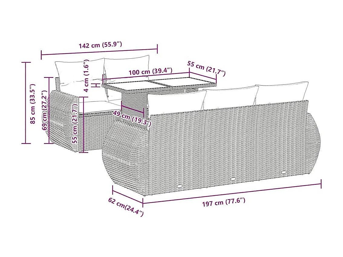 6-delige Loungeset met kussens poly rattan zwart