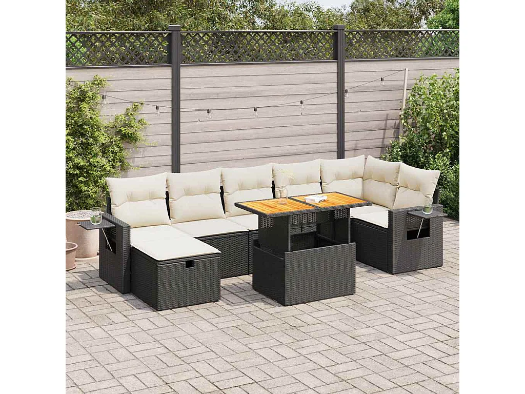 Set Divani da Giardino 5 pz con Cuscini Nero Polyrattan Acacia