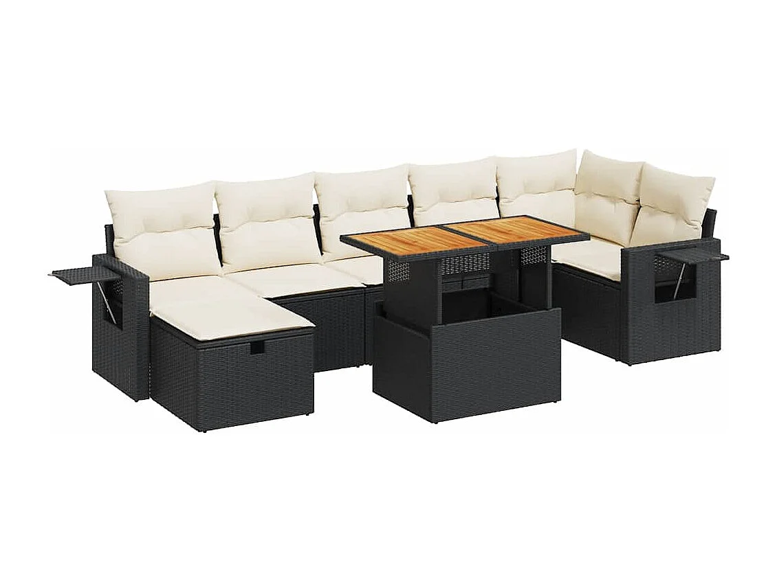 5tlg. Garten-Sofagarnitur mit Kissen Schwarz Poly Rattan Akazie