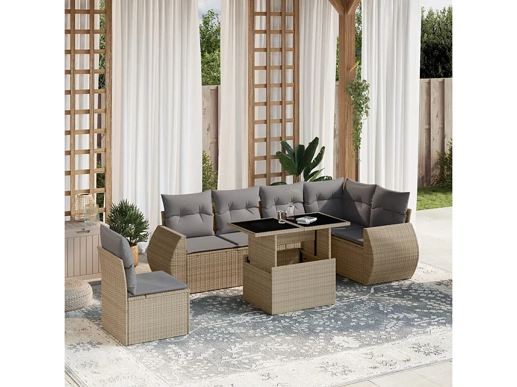 7-delige Loungeset met kussens poly rattan beige