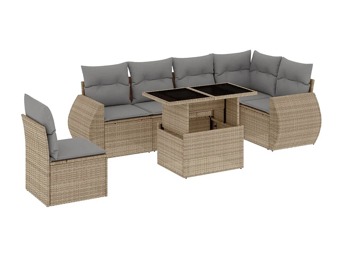 Salon de jardin avec coussins 7 pcs beige résine tressée