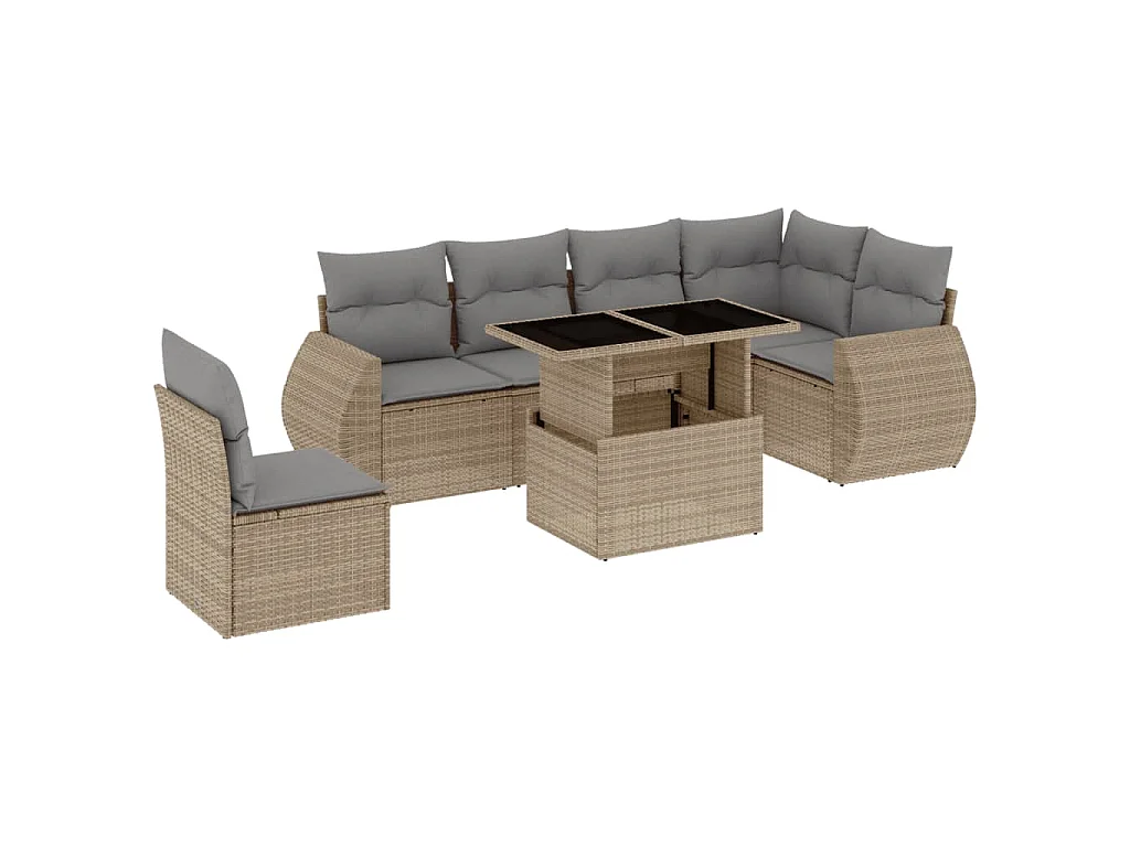 7-delige Loungeset met kussens poly rattan beige