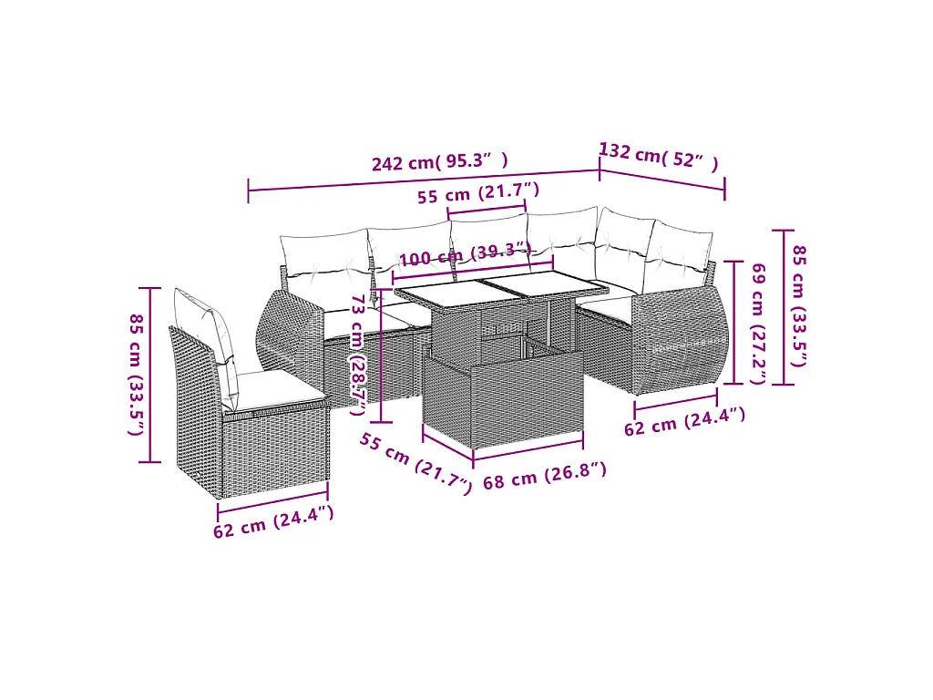 7-delige Loungeset met kussens poly rattan beige