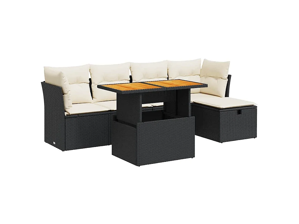 Salon de jardin 6 pcs avec coussins noir résine tressée acacia