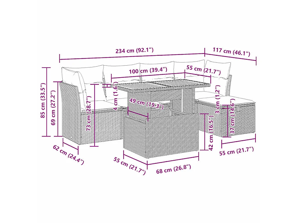 Salon de jardin 6 pcs avec coussins noir résine tressée acacia