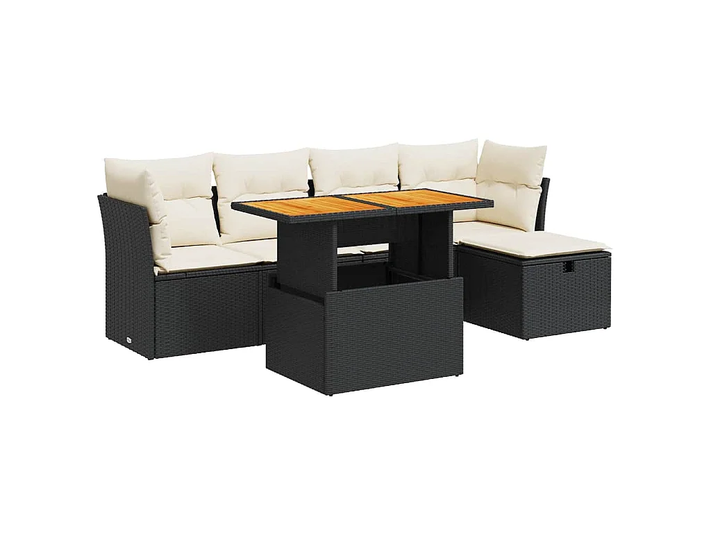 6-delige Loungeset met kussens poly rattan acacia zwart