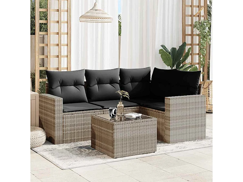 Salon de jardin 5 pcs avec coussins gris clair résine tressée