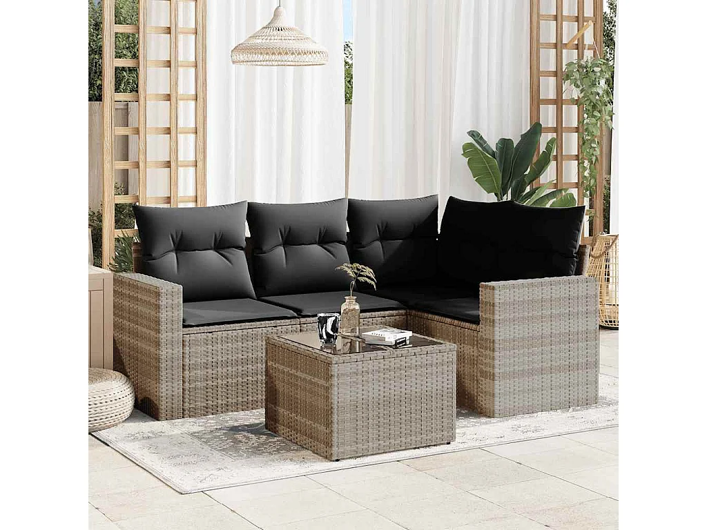 5-tlg. Garten-Sofagarnitur mit Kissen Hellgrau Poly Rattan