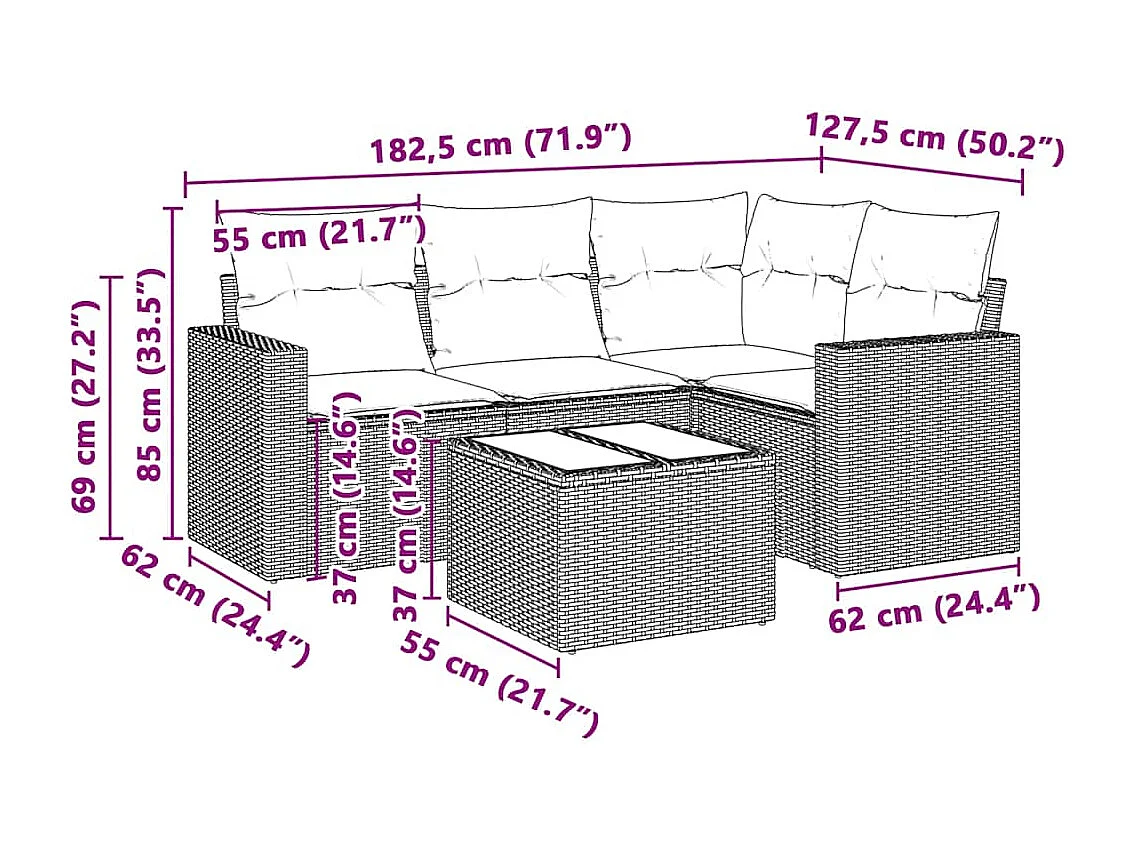 5-tlg. Garten-Sofagarnitur mit Kissen Hellgrau Poly Rattan