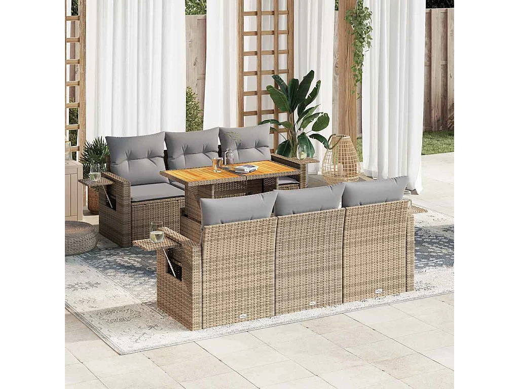 7-delige Loungeset met kussens poly rattan beige