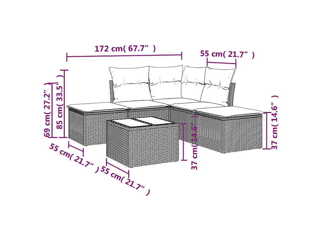 Salon de jardin avec coussins 6 pcs marron résine tressée