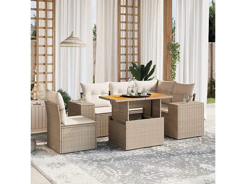 6-tlg. Garten-Sofagarnitur mit Kissen Beige Poly Rattan
