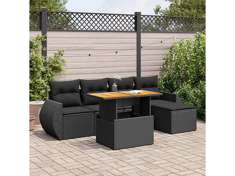 6-tlg. Garten-Sofagarnitur mit Kissen Schwarz Poly Rattan