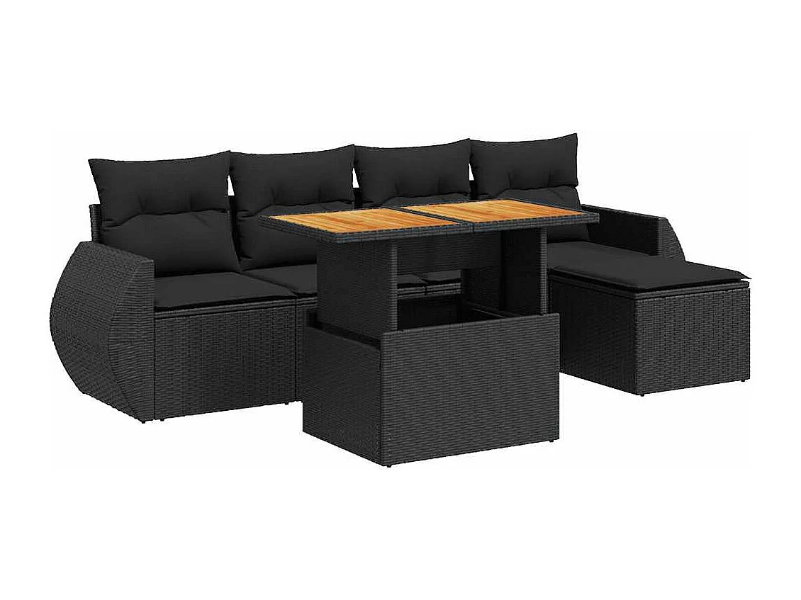 6-tlg. Garten-Sofagarnitur mit Kissen Schwarz Poly Rattan