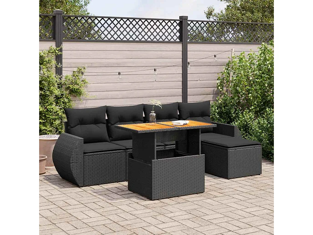 Set Divano da Giardino 6 pz con Cuscini Nero in Polyrattan