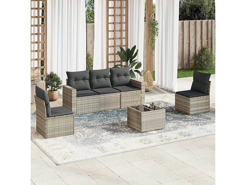6-tlg. Garten-Sofagarnitur mit Kissen Hellgrau Poly Rattan