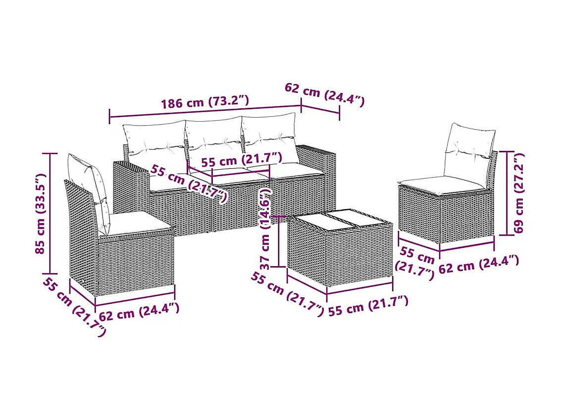 6-tlg. Garten-Sofagarnitur mit Kissen Hellgrau Poly Rattan