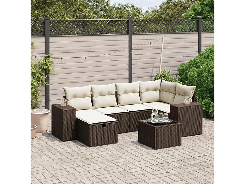 7-tlg. Garten-Sofagarnitur mit Kissen Braun Poly Rattan