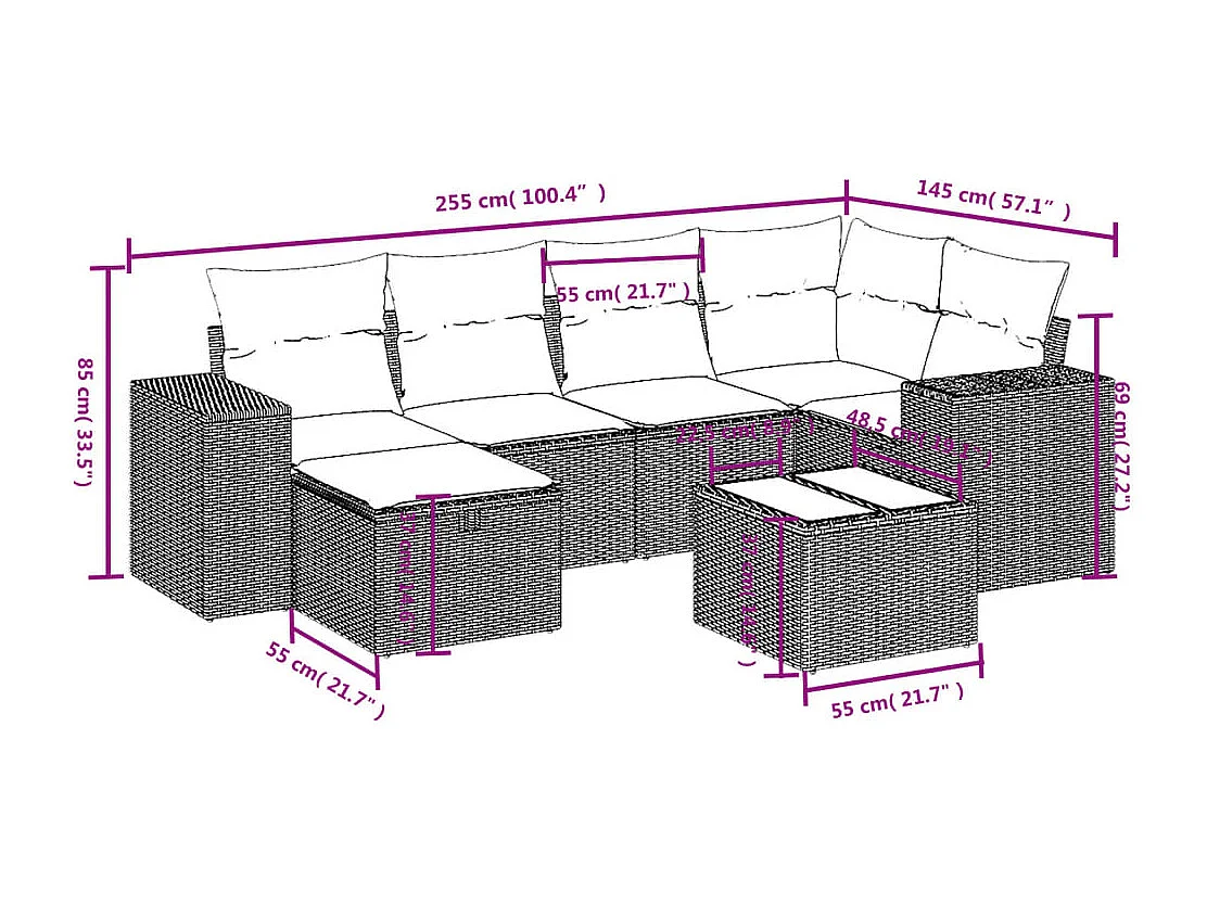 Salon de jardin avec coussins 7 pcs marron résine tressée