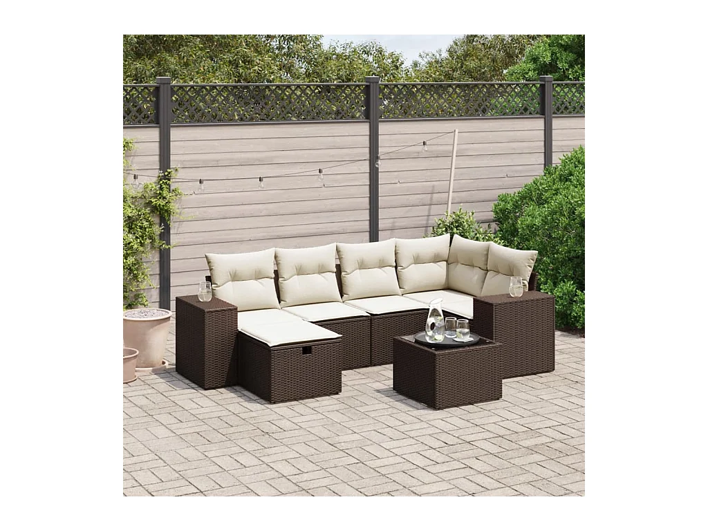7-delige Loungeset met kussens poly rattan bruin