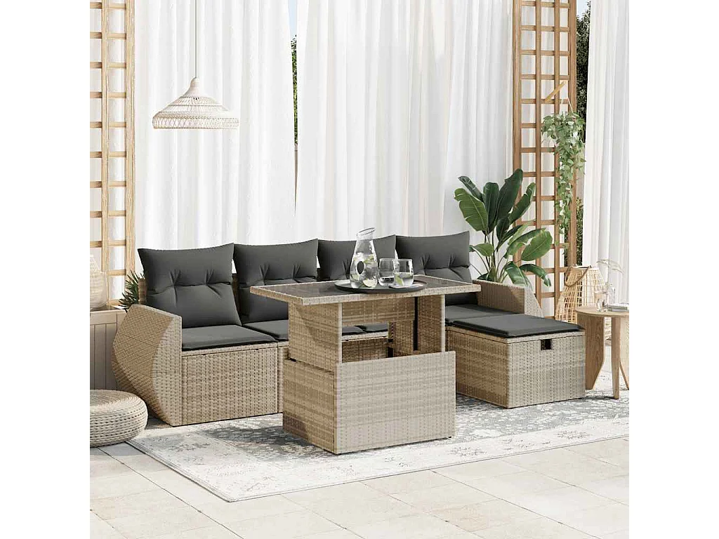 Salon de jardin 6 pcs avec coussins gris clair résine tressée