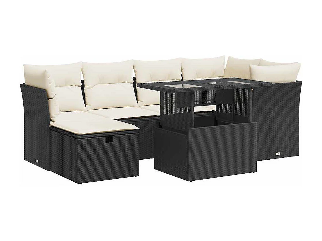 7-tlg. Garten-Sofagarnitur mit Kissen Schwarz Poly Rattan
