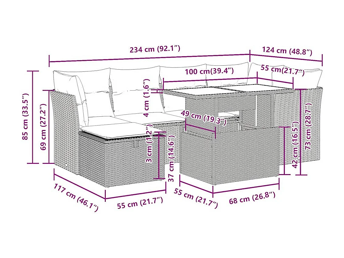 7-tlg. Garten-Sofagarnitur mit Kissen Schwarz Poly Rattan