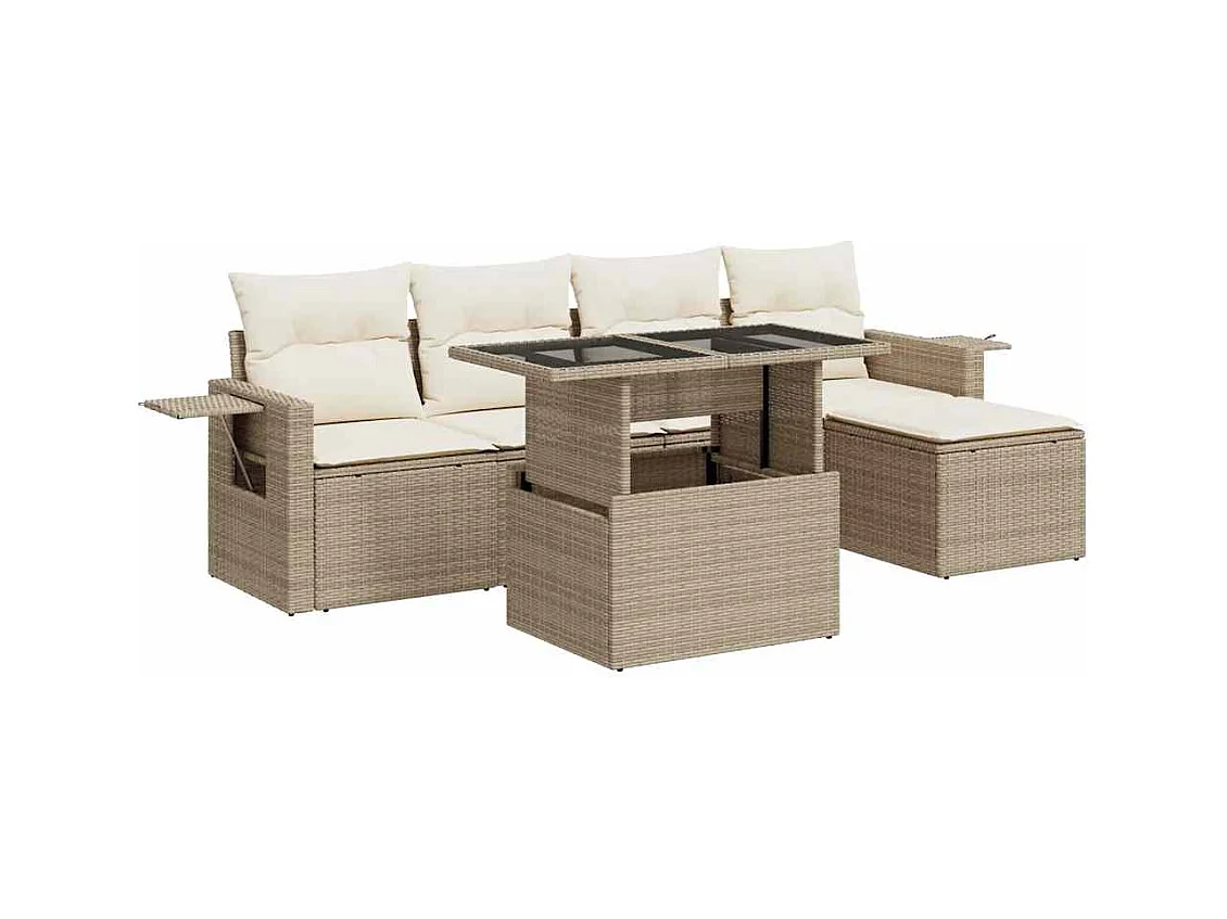 6-tlg. Garten-Sofagarnitur mit Kissen Beige Poly Rattan