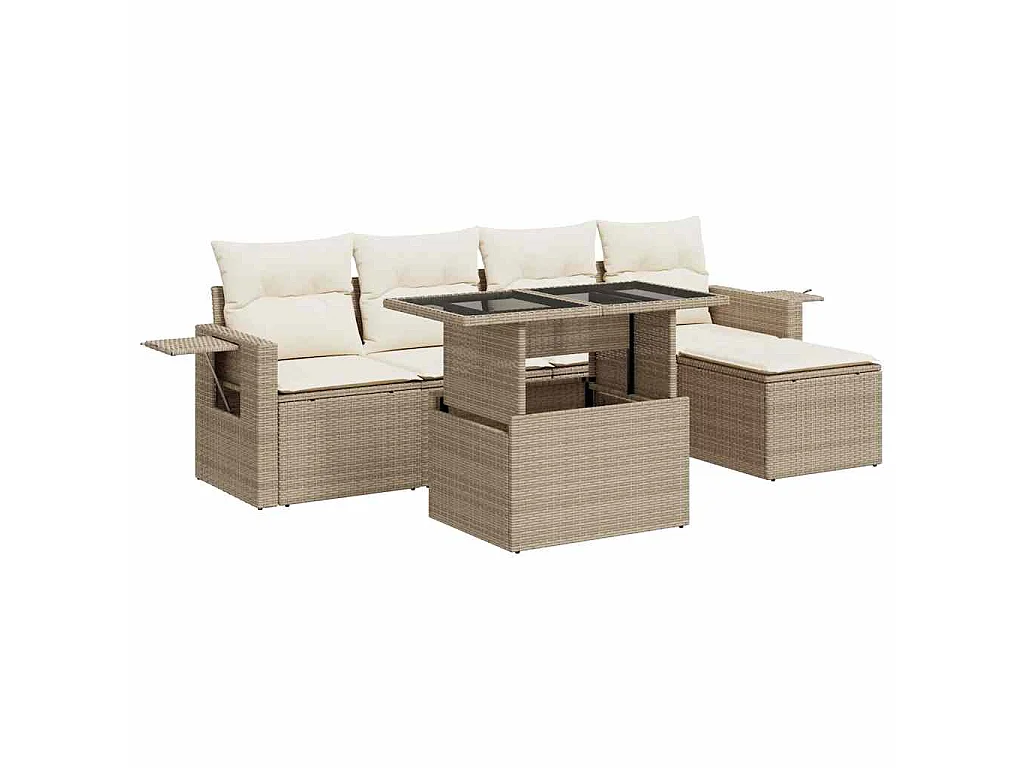 6-tlg. Garten-Sofagarnitur mit Kissen Beige Poly Rattan