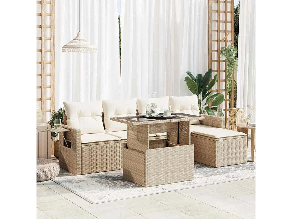 6-tlg. Garten-Sofagarnitur mit Kissen Beige Poly Rattan