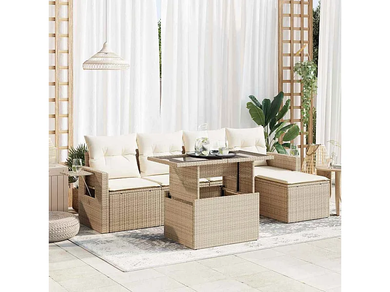 6-tlg. Garten-Sofagarnitur mit Kissen Beige Poly Rattan