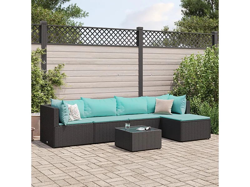 6-tlg. Garten-Lounge-Set mit Kissen Schwarz Poly Rattan