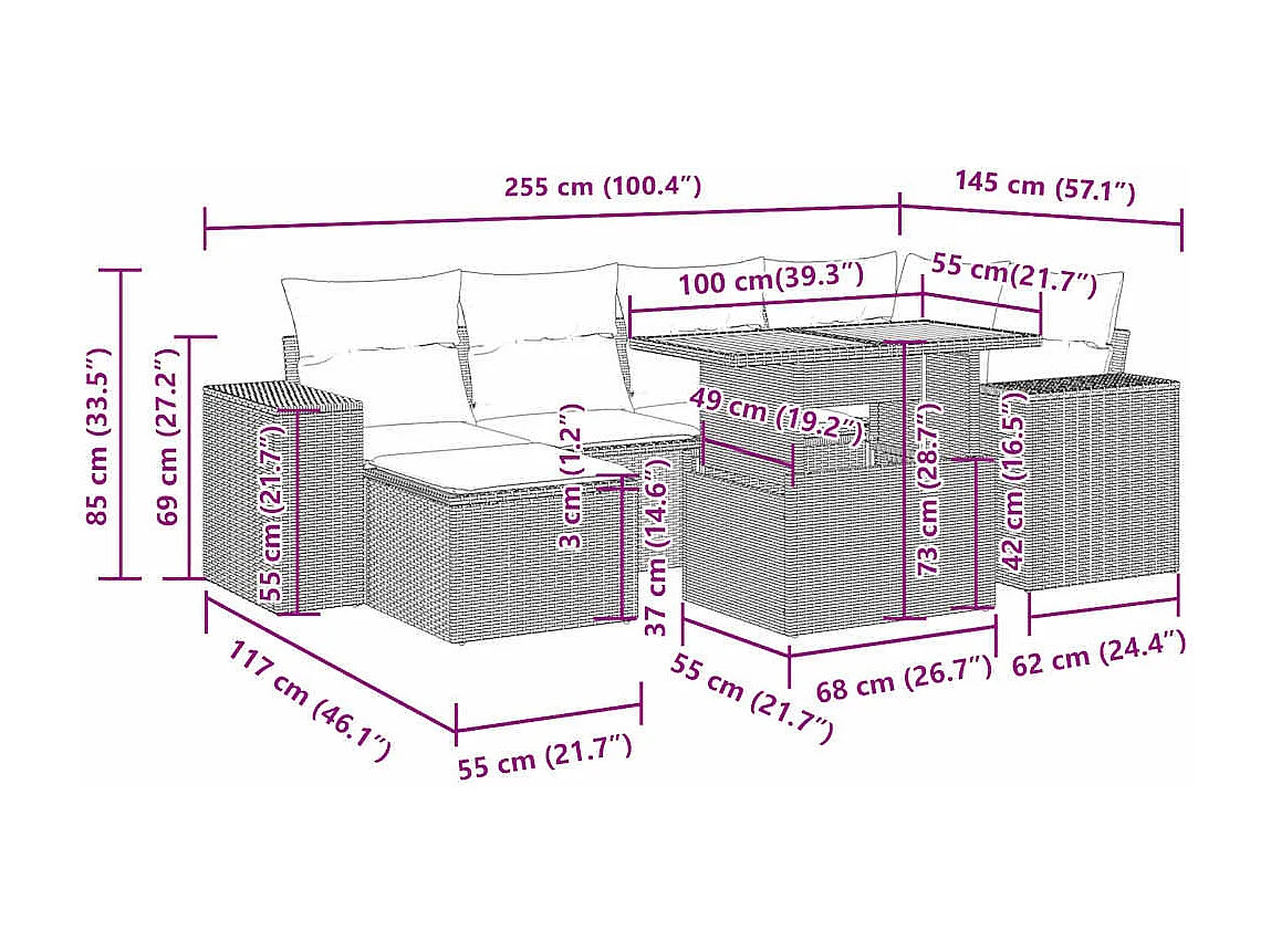 7-delige Loungeset met kussens poly rattan zwart