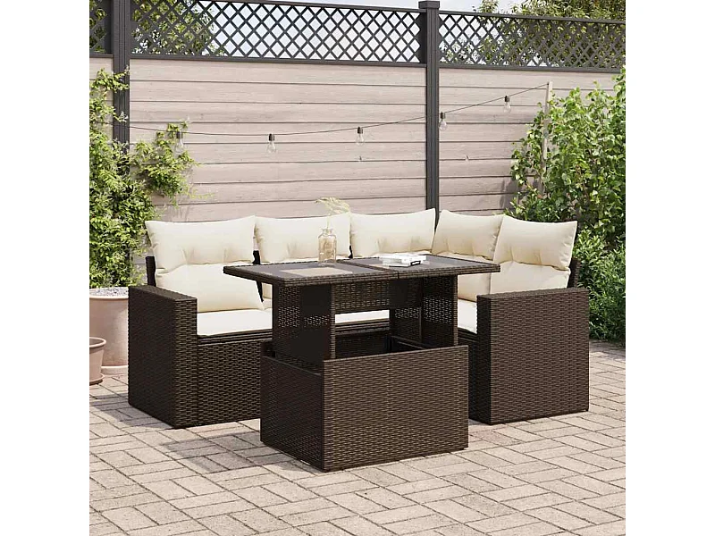 Set Divano da Giardino 5 pz con Cuscini Marrone in Polyrattan