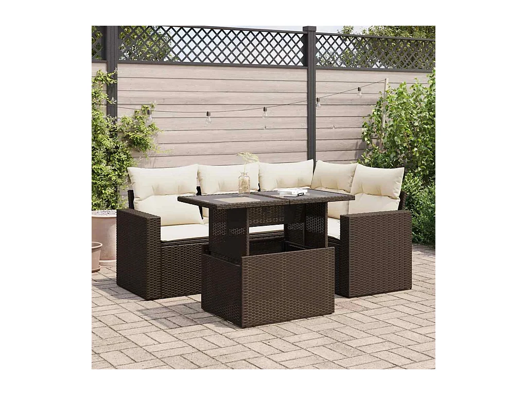 Salon de jardin avec coussins 5 pcs marron résine tressée