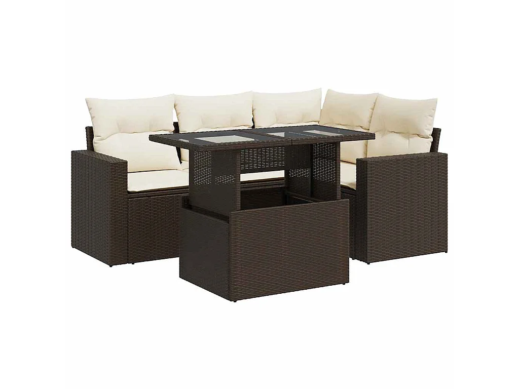 5 pcs conjunto sofás p/ jardim c/ almofadões vime PE castanho