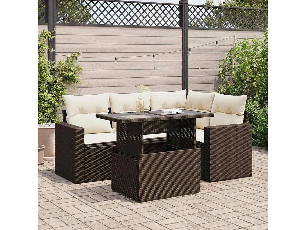 5 pcs conjunto sofás p/ jardim c/ almofadões vime PE castanho