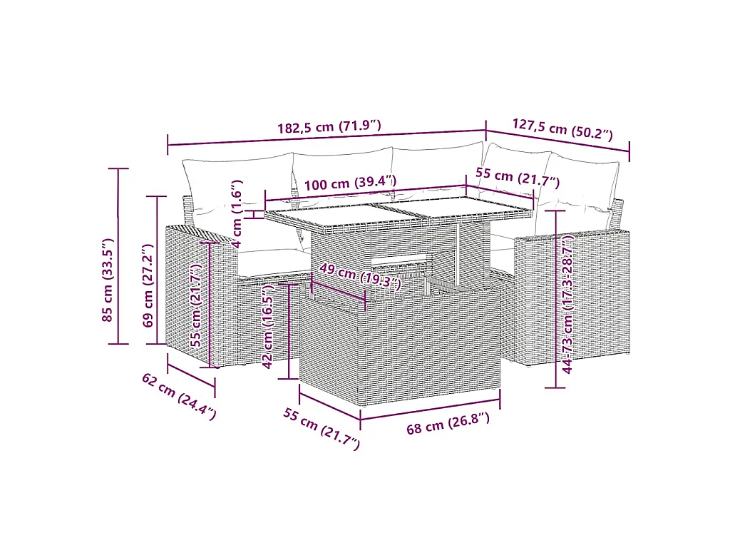 5 pcs conjunto sofás p/ jardim c/ almofadões vime PE castanho