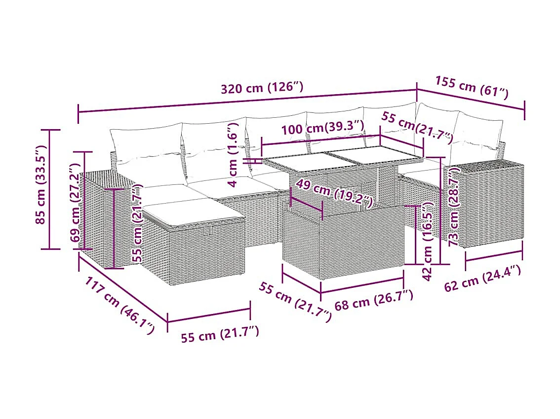 Salon de jardin avec coussins 5 pcs marron résine tressée