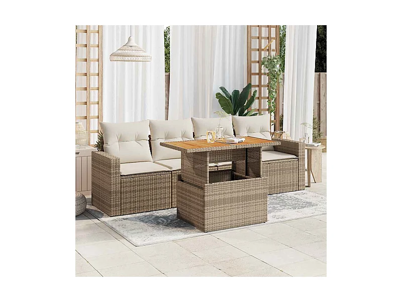 5-tlg. Garten-Sofagarnitur mit Kissen Beige Poly Rattan